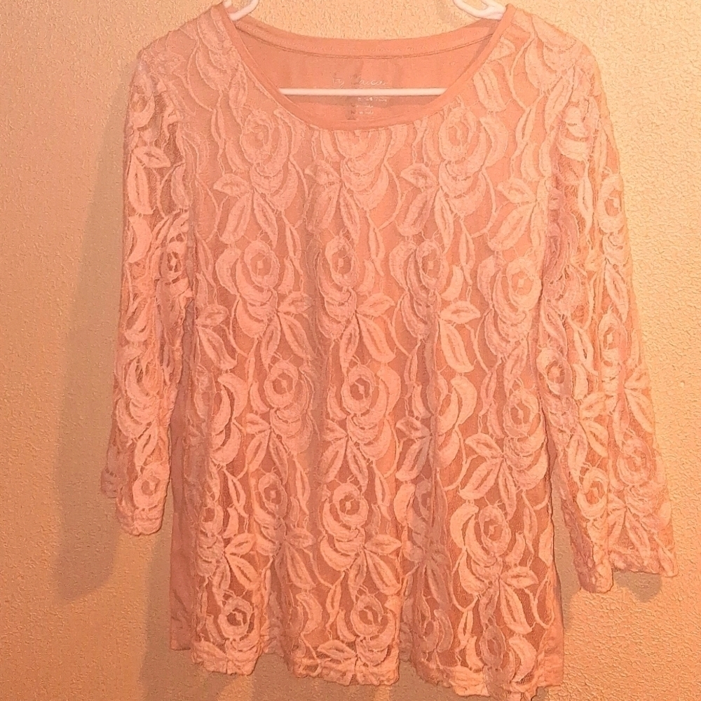 Chicos Powder Pink Lace Lined Floral 3/4 Sleeve Cotton Blend Top 2/M